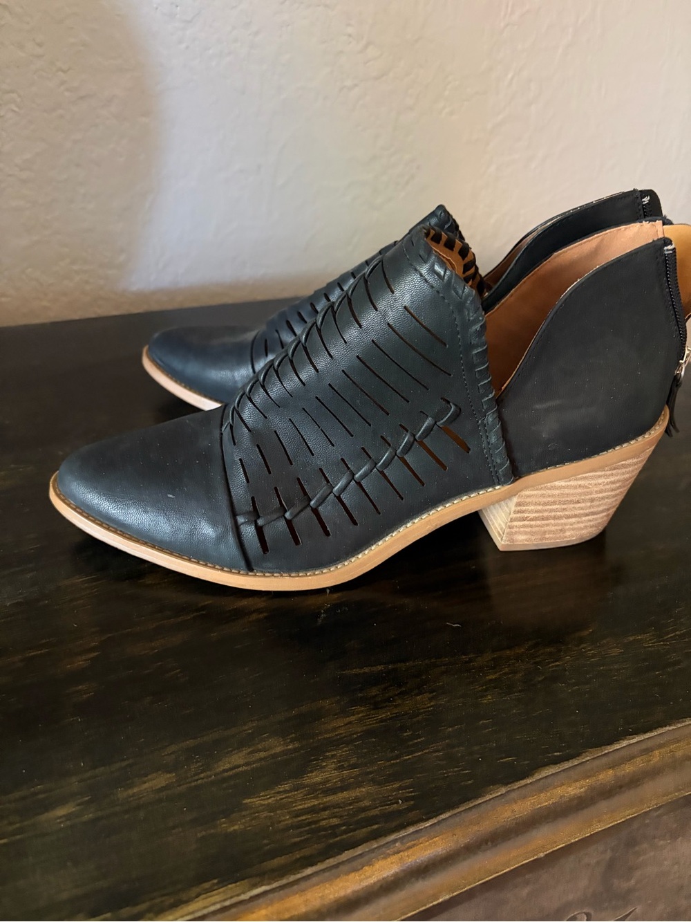 Dolce Vita Black Cutout Leather Ankle Booties with Stacked Tan Heel